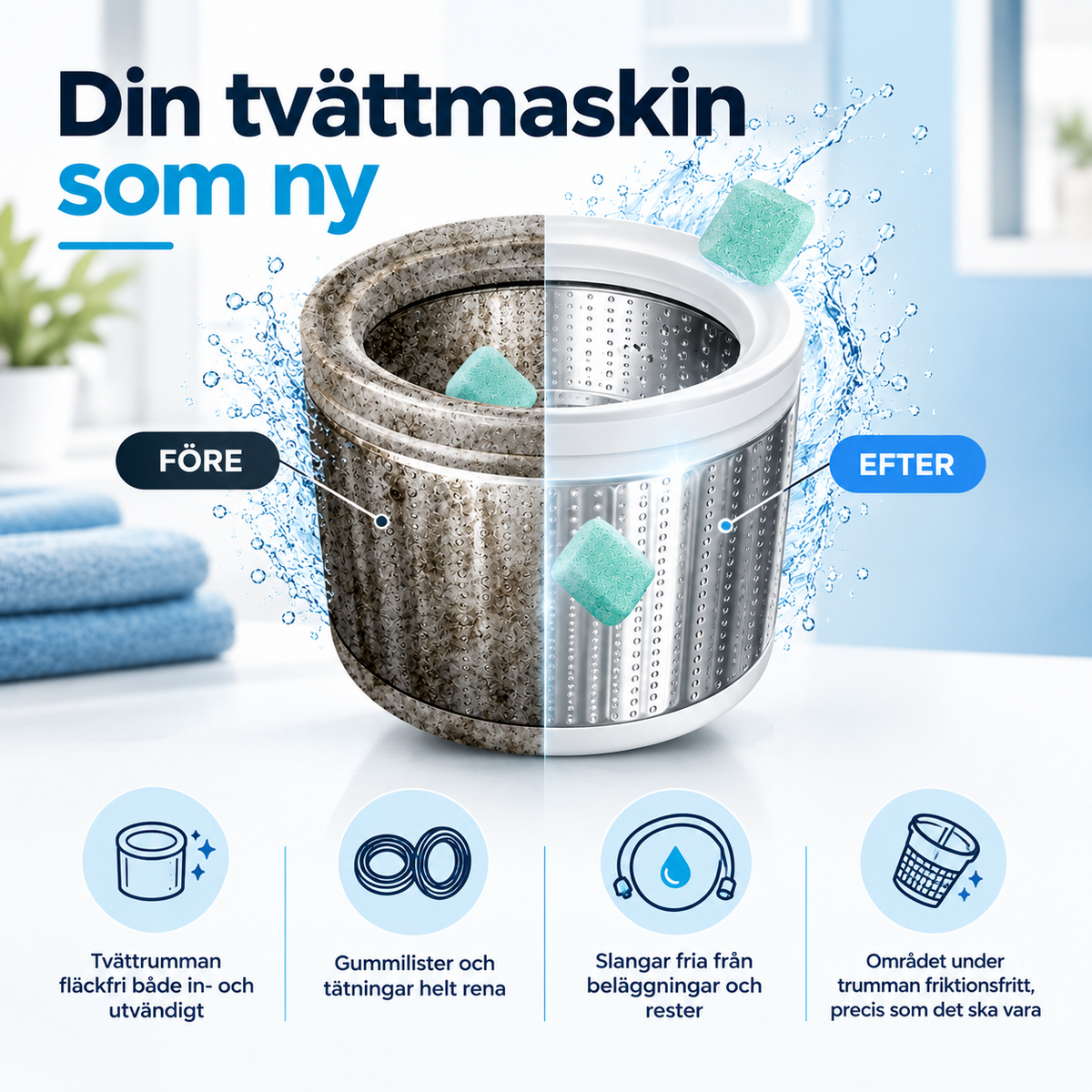 Tvättmaskin före och efter rengöring med Renly Pro